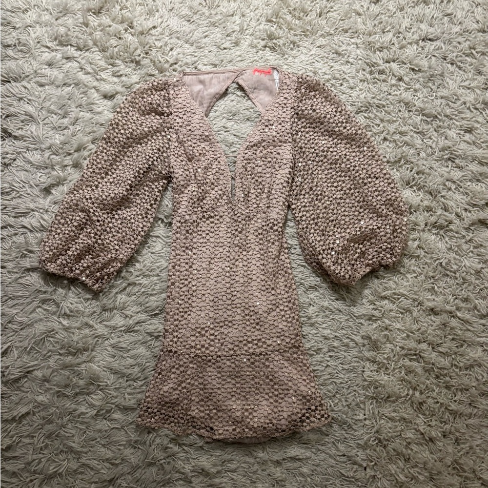 Free People Kaya Sequin Lace Mini Long Sleeve Dress in Beige Size S